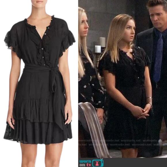 Rebecca Taylor Black Dree Silk Blend Eyelet Ruffle Mini Dress Size 12 - Picture 3 of 12